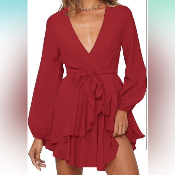 NEW Bonkwa Tiered Ruffle Hem Wrap V Neck Tie Waist Long Sleeve Red Dress Large - Picture 1 of 14